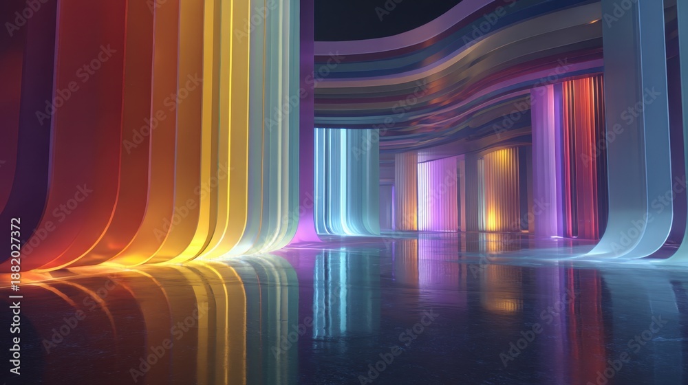 Obraz premium Colorful abstract light installation with reflective floor and curved patterns.