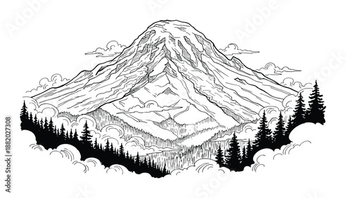 Detailed mountain landscape featuring trees, clouds, and a snow-capped peak with line art details.