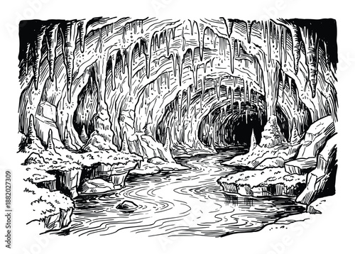 Detailed monochrome illustration of a cave featuring a river flowing through with stalactites above.