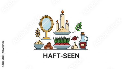 Traditional haft seen table setting with symbolic items for nowruz celebration