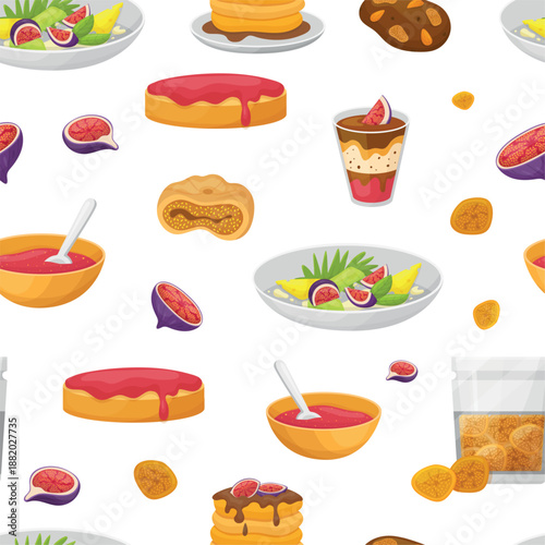 Tasty sweet food with fig tree fruits. Mousse, salad with tropical fruit, marmalade and pancakes, cookies and dried figs. Textile print design, vector seamless pattern