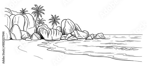 Detailed tropical beach scene sketch illustration with rocks, palms, and waves in line art drawing style.