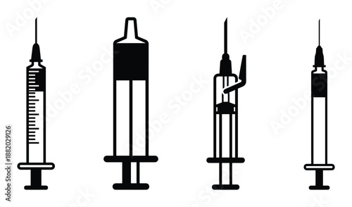 Variety of medical syringe silhouettes set, injecting equipment vector illustration