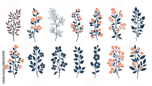 Set of delicate floral branches and blooming flowers in soft colors for elegant botanical designs, invitations, and romantic projects.