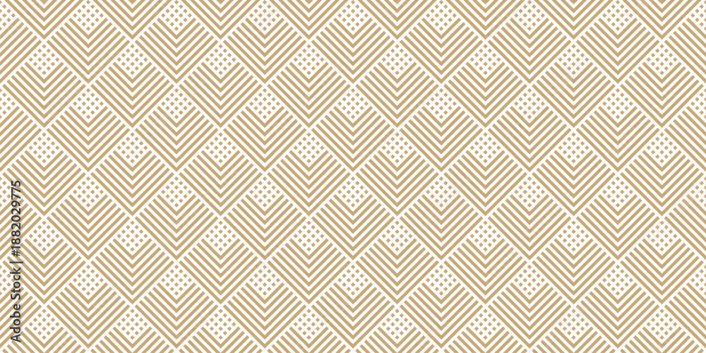 Fototapeta premium Golden geometric lines seamless pattern. Vector texture with squares, rhombuses, stripes, chevron, triangles. Simple abstract ornament. Trendy gold and white geometrical background. Repeating design