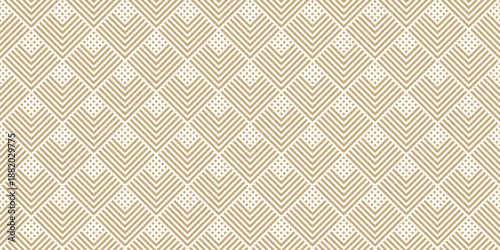 Golden geometric lines seamless pattern. Vector texture with squares, rhombuses, stripes, chevron, triangles. Simple abstract ornament. Trendy gold and white geometrical background. Repeating design