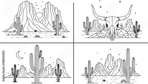 Minimal line art desert landscape vector set featuring cacti, mountains, sun, moon and animal skull elements for retro style t-shirt prints, posters and outdoor branding eps