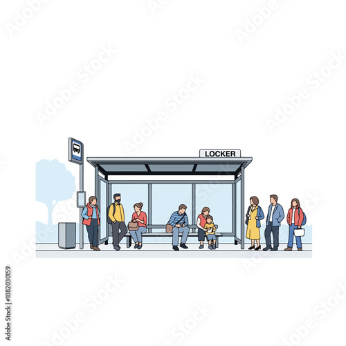 People Waiting at Bus Stop Shelter.