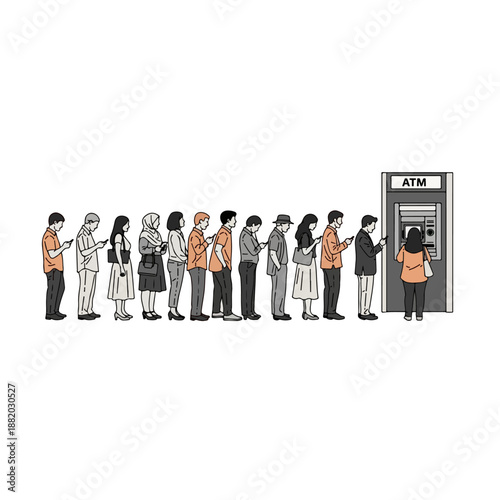Diverse People Waiting in Line at ATM.
