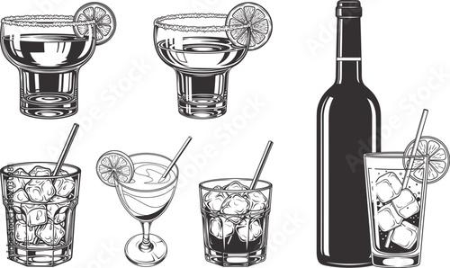 Vintage Cocktail Glasses Engraved Line Art Drink Set