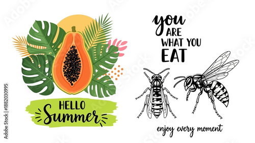 Vibrant Summer Illustration Featuring Papaya, Leaves, and Bees with Inspirational Quotes and Tropical Elements
