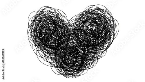 Intricate black swirling lines forming a heart shape from a top view, showcasing abstract art