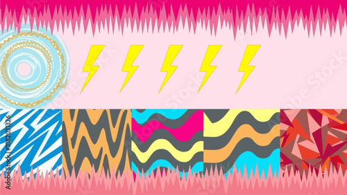 Abstract geometric pattern featuring zigzag lines in red, white, and black on a dark background, illustration, close-up view