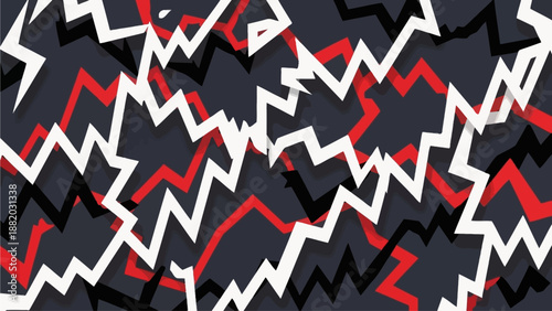 Abstract geometric pattern of zigzag lines in red, white, and black on a dark background, creating a dynamic visual effect from a close-up viewpoint