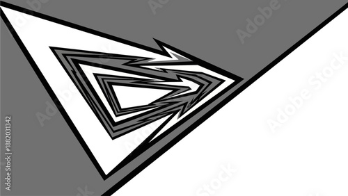 Abstract geometric shapes forming a dynamic arrow within a triangular frame, showcasing a modern illustration style with bold lines and contrasting shades