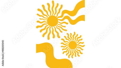 Abstract yellow sunburst shapes and wavy lines on a simple background from a straightforward viewpoint