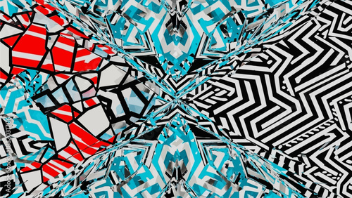 Vibrant geometric pattern explosion with seta, shapes, lines, colors, and symmetry in a kaleidoscope illustration