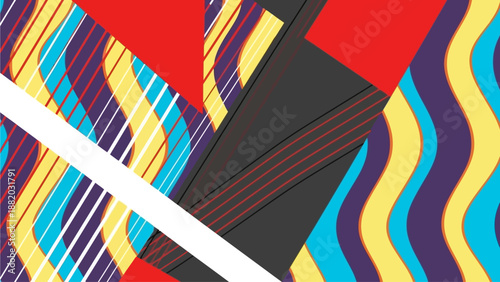 Vibrant abstract geometric pattern featuring layered shapes and stripes, viewed from a tilted perspective, showcasing dynamic colors and artistic design.