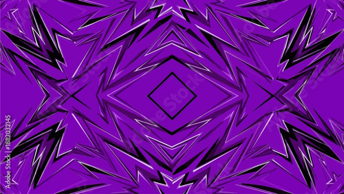 A mesmerizing digital artwork featuring abstract geometric patterns and shapes in a kaleidoscope design with purple hues from a front viewpoint