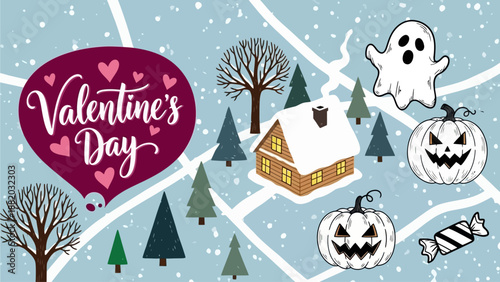 Valentine's Day celebration with ghostly figures and pumpkins in a snowy landscape