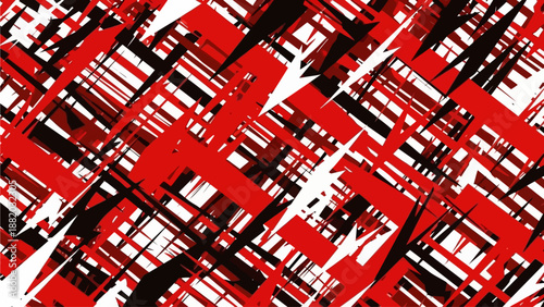 Abstract geometric pattern featuring intersecting red, black, and white lines from a close-up viewpoint
