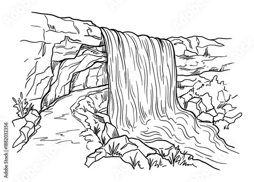 Hand-drawn waterfall illustration with rocks and stream. Black and white landscape outline drawing.