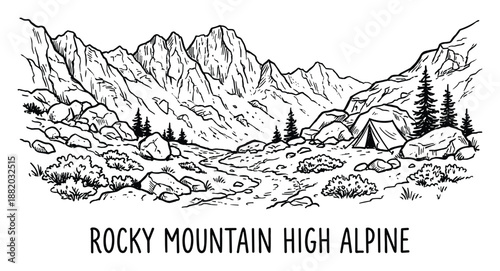 High alpine scene features a tent nestled among trees, bushes, and rugged peaks, with rocky ground.