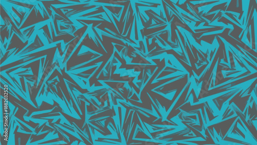 Abstract geometric pattern with turquoise shapes on gray background, viewed from directly above, resembling a complex seta arrangement