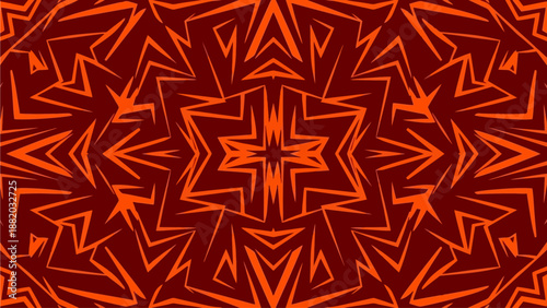 Intricate orange star pattern on dark red background, kaleidoscope design, symmetrical illustration, vibrant artwork, abstract geometric shape