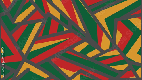 Vibrant abstract geometric pattern featuring sharp angular shapes in red, green, and yellow hues, creating a dynamic composition.