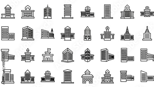 Black and white city buildings icons.