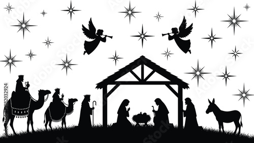 Christmas nativity scene silhouette with angels, stars, wise men, Mary and Joseph, baby Jesus, holy night religious illustration