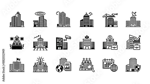 Black and white city buildings icons.
