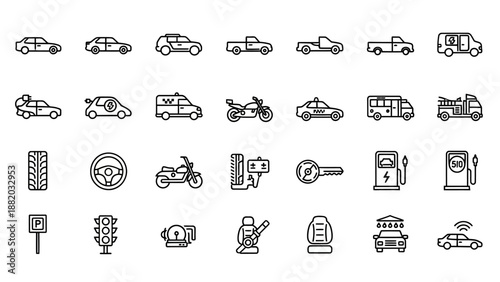 Black and white car icons set.