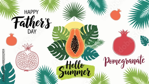 Vibrant Summer Greeting with Tropical Leaves and Fruit Illustrations for Father's Day Celebration