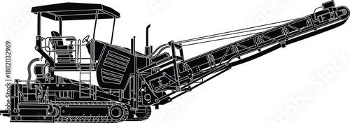 Construction conveyor machine silhouette, heavy industrial equipment, tracked crusher illustration, mining machinery vector, engineering technology design