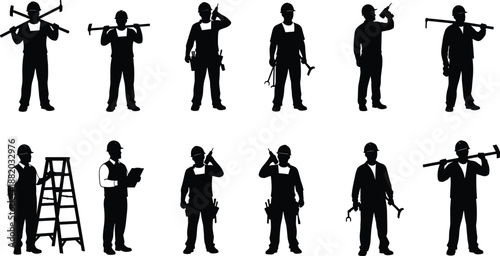 Construction worker silhouettes set with tools and safety helmets, industrial labor poses, manual workers icons isolated on white background
