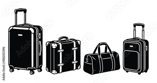 Illustration of four baggage pieces including rolling suitcases and a duffel bag. Perfect for travel themes.