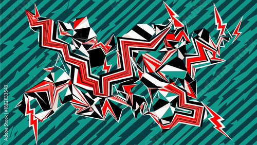 Abstract geometric pattern with overlapping red, black, and white shapes on a teal striped background from a direct viewpoint