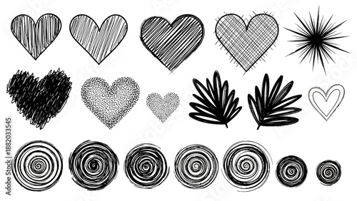 A collection of hand-drawn hearts, plants, and circular patterns in various textures and line styles on a clean background from a direct viewpoint