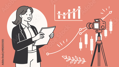 Businesswoman analyzing data on tablet with camera and graphs.