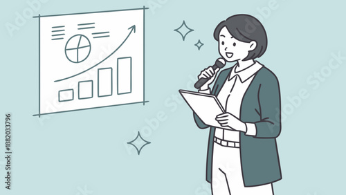 Businesswoman presenting data analysis to audience with confidence and clarity.