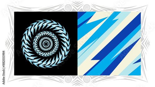 A swirling spiral pattern alongside abstract blue shapes in a decorative frame.