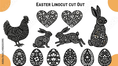 Easter-themed linocut illustrations featuring a hen, rabbits, and eggs in a decorative style