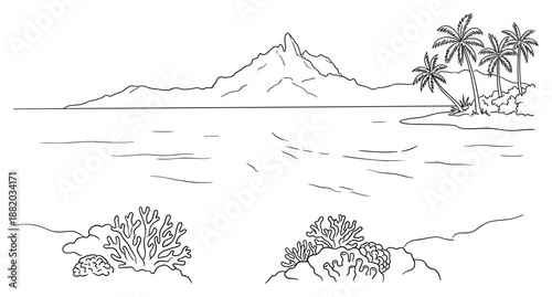 Line art illustration of a tropical island with palm trees, mountain, ocean and coral reef.