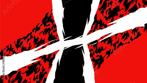 Abstract geometric pattern with bold red and black shapes, intersecting white lines, dynamic illustration