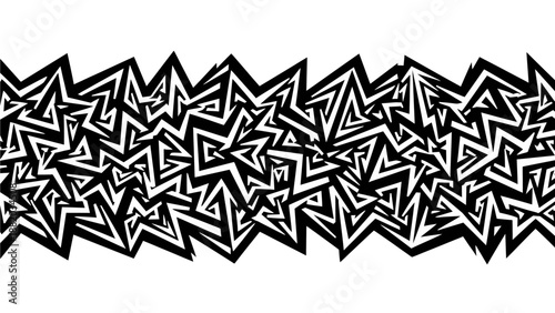 Intricate black and white illustration of abstract intertwined shapes and patterns in a digital artwork