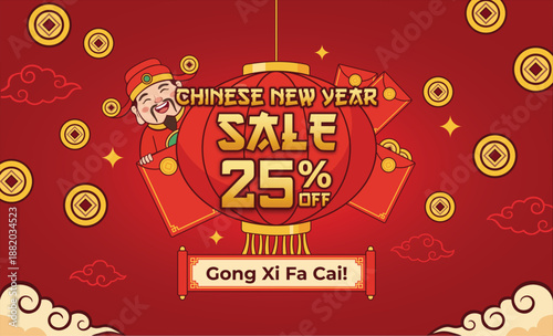 Adobe Illustrator Artwork Red and gold Chinese New Year sale banner featuring a bold sale text, gold coins, and lanterns. Perfect for promotions, online shops, and event campaigns.