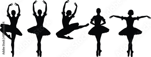 Ballet dancer silhouettes set, classical female dance poses collection, graceful performance movement illustration, black ballerina figures isolated on white background