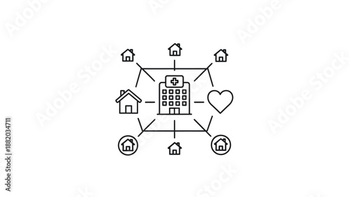 A modern outline illustration representing smart homes and connected living through a central digital hub linking multiple houses and devices. The design symbolizes IoT technology, home automation, an